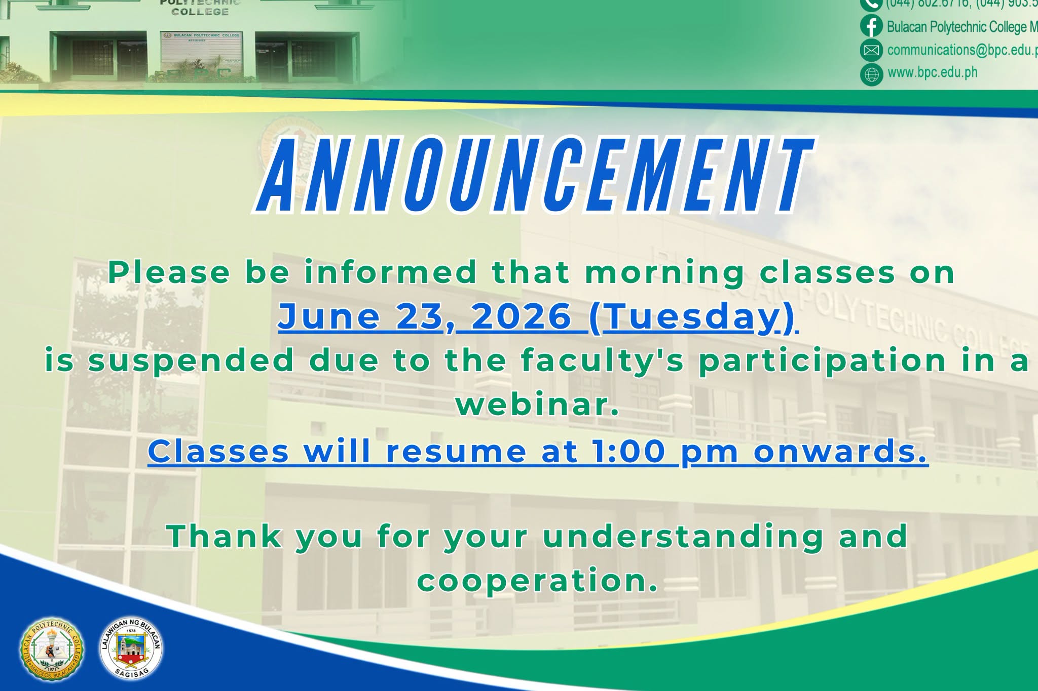 June 23, 2026│Classes will resume at 1:00 pm onwards