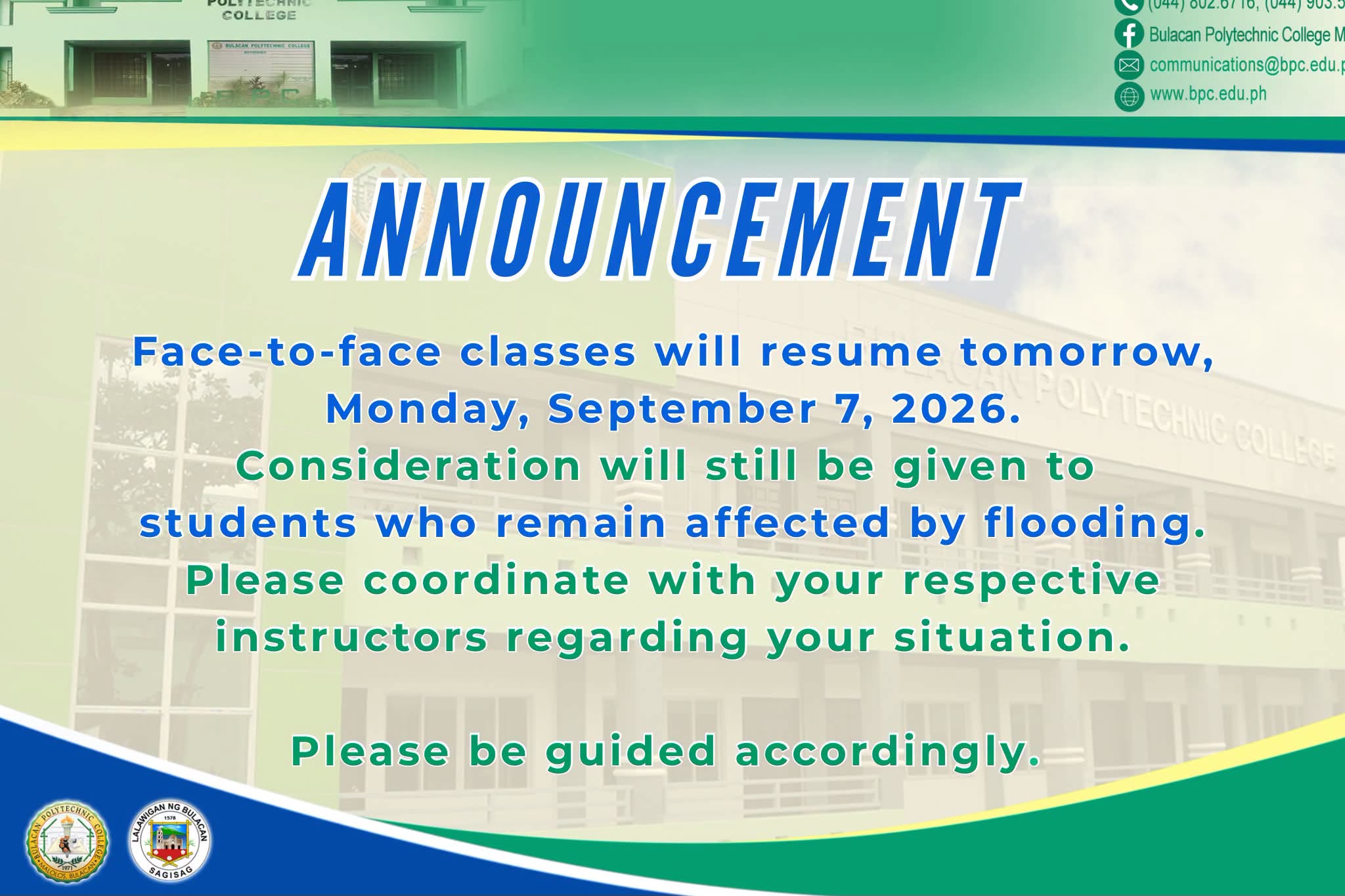 September 7, 2026│Face-to-face Classes will resume