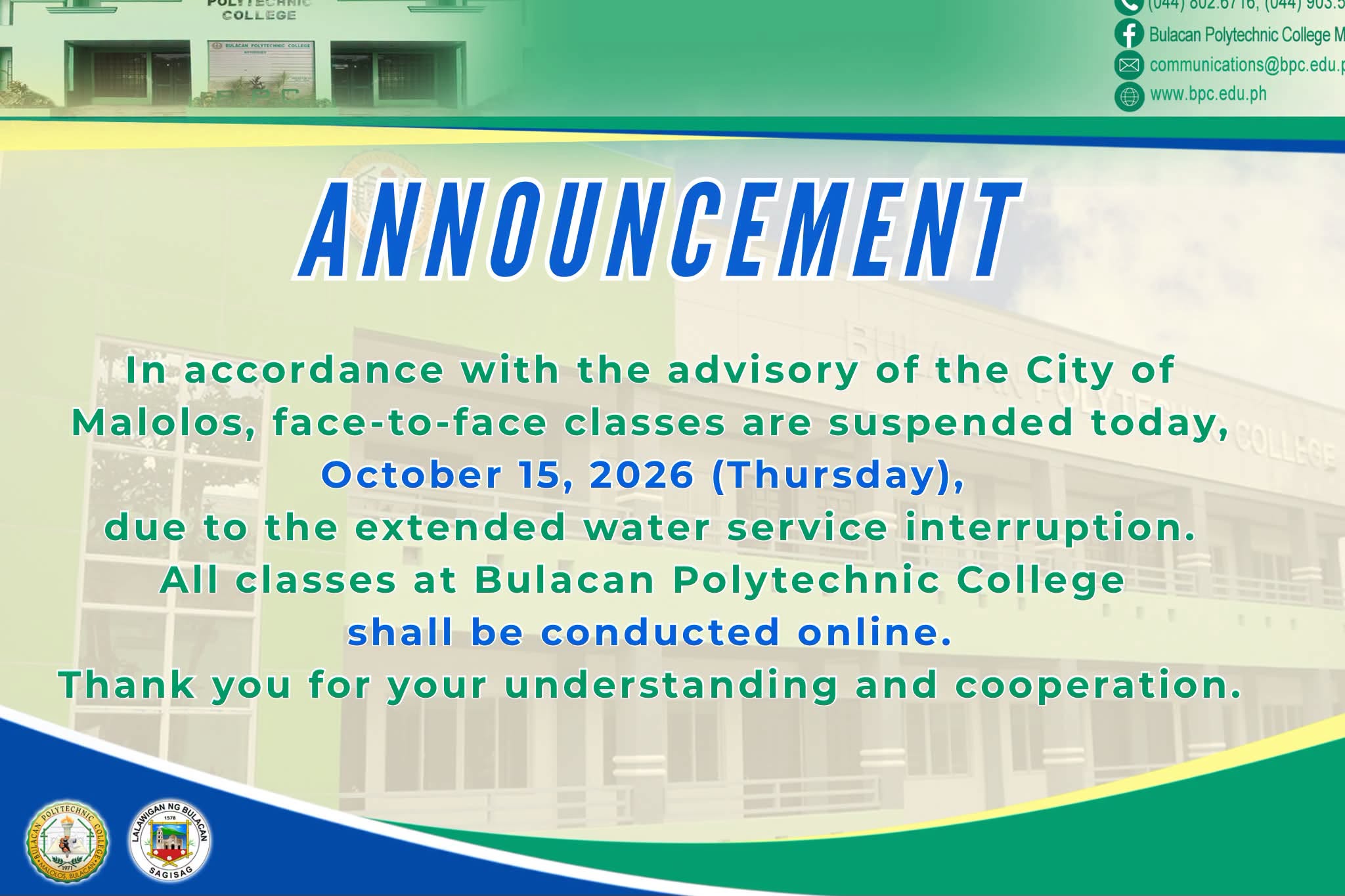 October 15, 2026│face-to-face classes are suspended today.